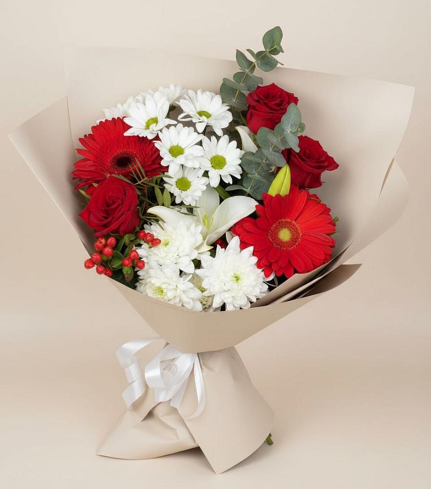 Букет цветов из: Розы, Хризантемы, Герберы и Лилии в Черском