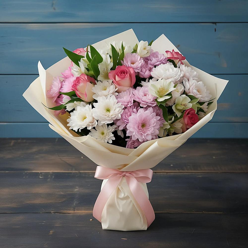 Букет цветов из: Хризантемы, Альстромерии и Розы в Черском